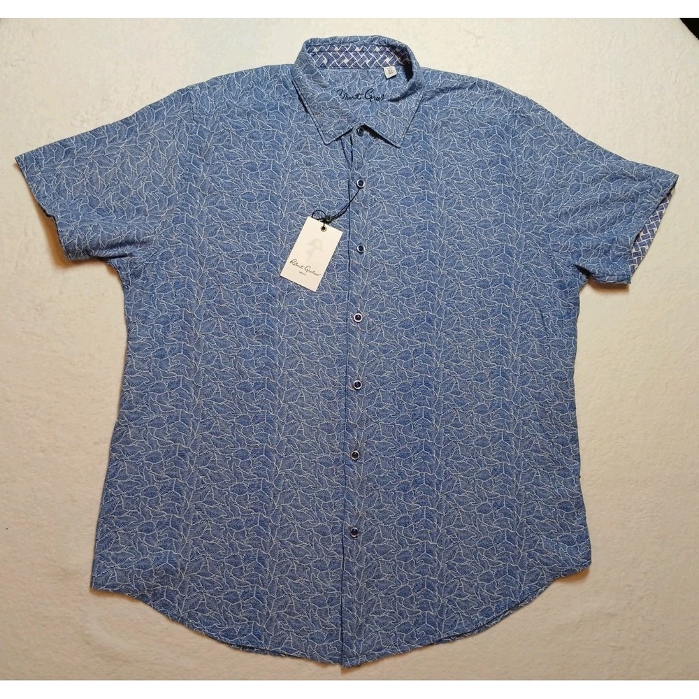 Robert Graham Vinaco Linen Blend Short Sleeve Shirt XL NWT Blue Leaf Print
